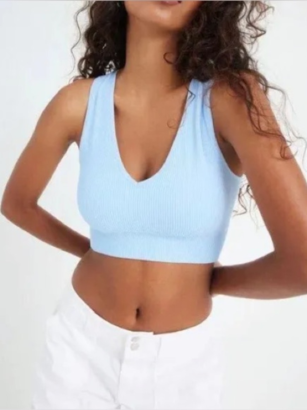 Garage Stella Seamless Plunge Tank Top -  Light Blue Ribbed V-Neck Cropped Tank